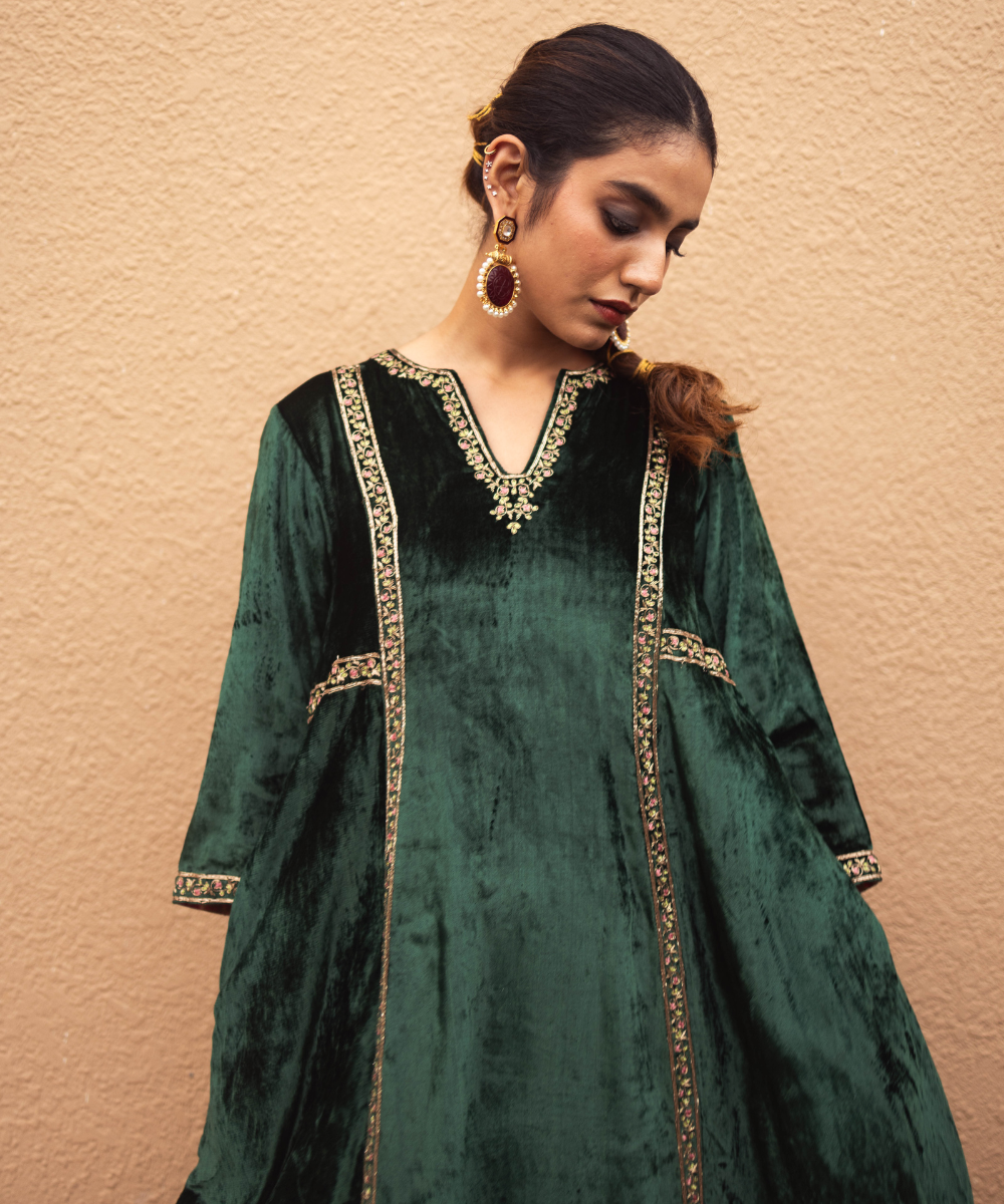 Priya Prakash Varrier In Hand Embroidered Dark Green Velvet Kurta Set Ready To Wear Silk Ensembles