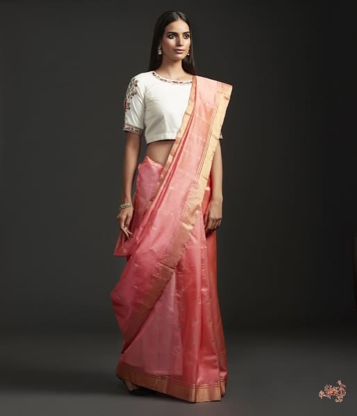 Handloom_Peach_Chanderi_Silk_Saree_with_gold_and_silver_Zari_Floral_Motifs._WeaverStory_02