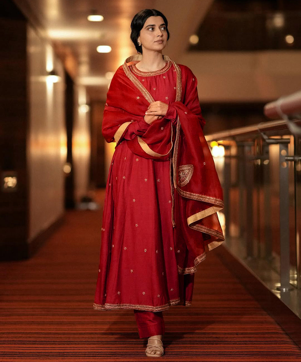 Nimrat Khaira In Bright Red Hand Embroidered Moonga Silk Anarkali Set With Organza Dupatta