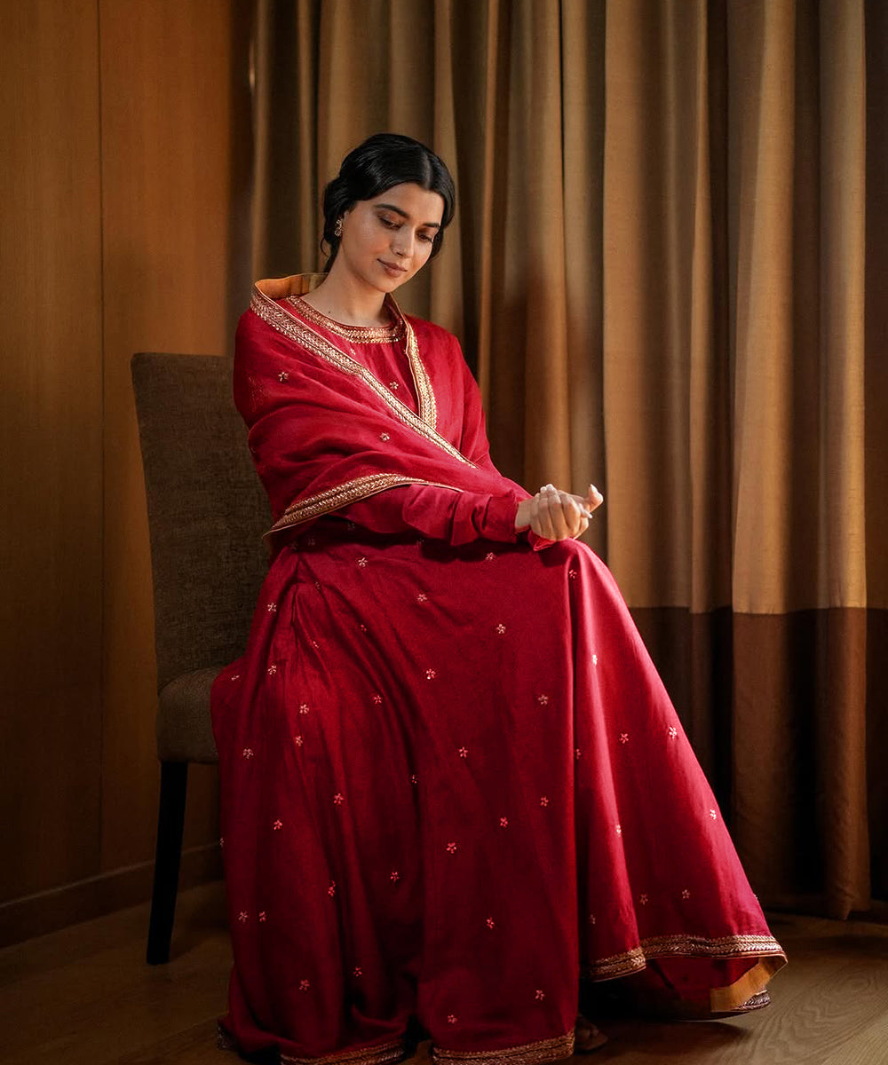 Nimrat Khaira In Bright Red Hand Embroidered Moonga Silk Anarkali Set With Organza Dupatta
