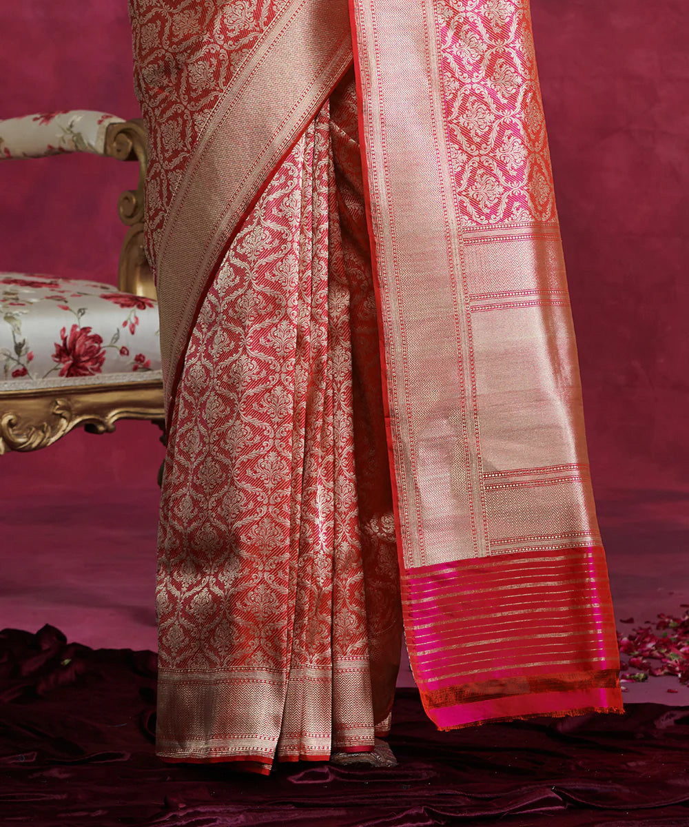 Pink Handloom Pure Katan Silk Kimkhab Banarasi Saree With Mehraab Jaal