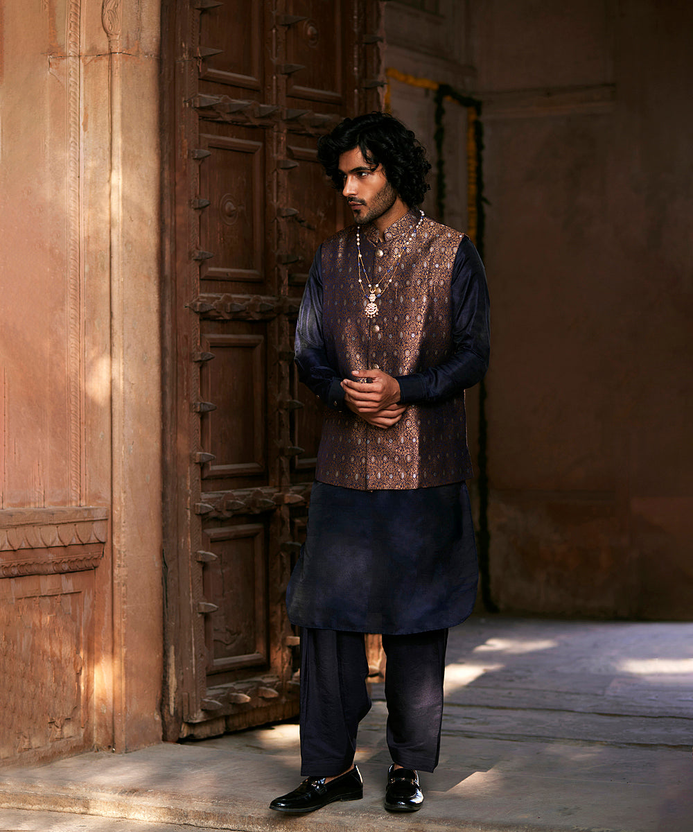 Deep Navy Blue Handloom Pure Katan Silk Brocade Banarasi Nehru Jacket Men’s Wear
