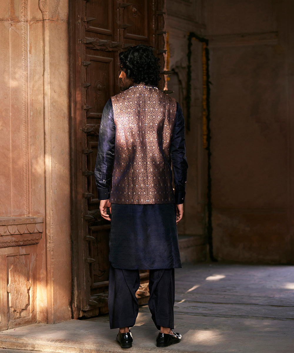 Deep Navy Blue Handloom Pure Katan Silk Brocade Banarasi Nehru Jacket Men’s Wear
