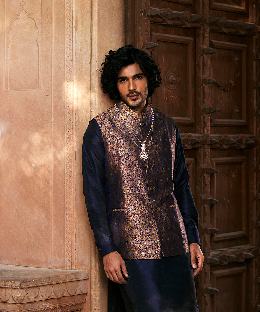 Deep Navy Blue Handloom Pure Katan Silk Brocade Banarasi Nehru Jacket Men’s Wear