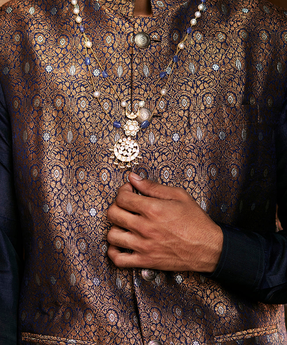 Deep Navy Blue Handloom Pure Katan Silk Brocade Banarasi Nehru Jacket Men’s Wear