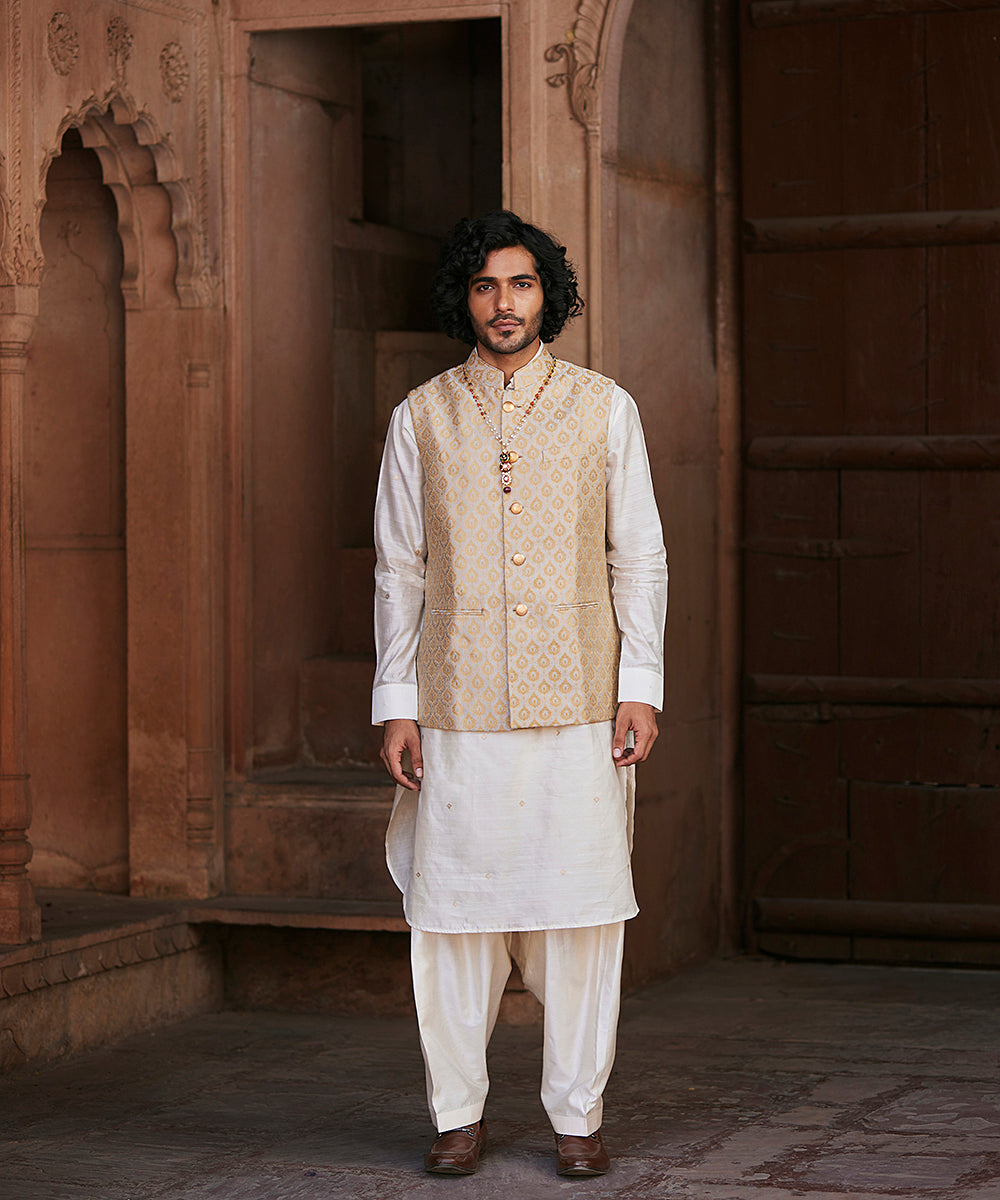 Handloom Golden Pure Katan Silk Brocade Banarasi Nehru Jacket Men’s Wear