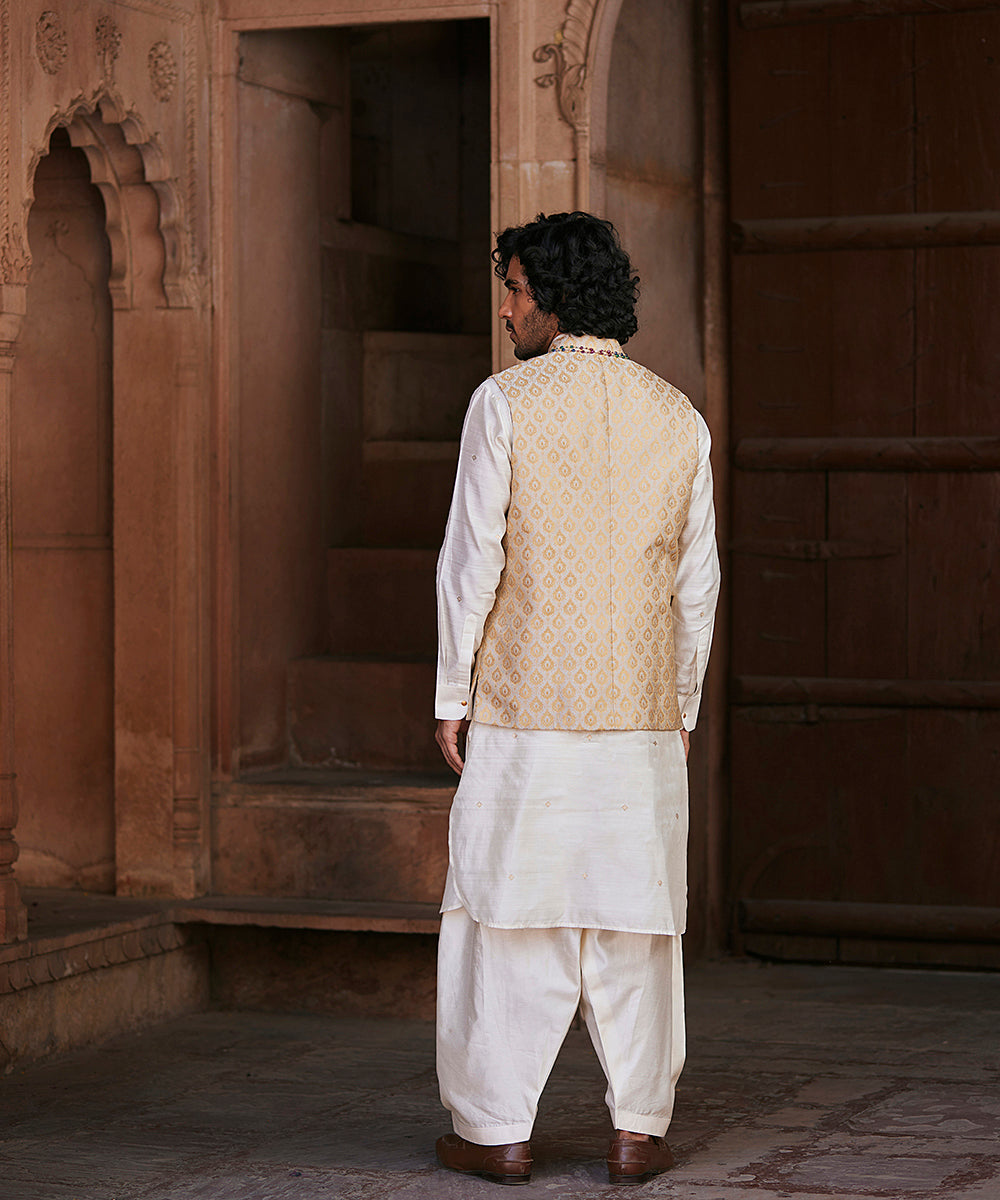 Handloom Golden Pure Katan Silk Brocade Banarasi Nehru Jacket Men’s Wear