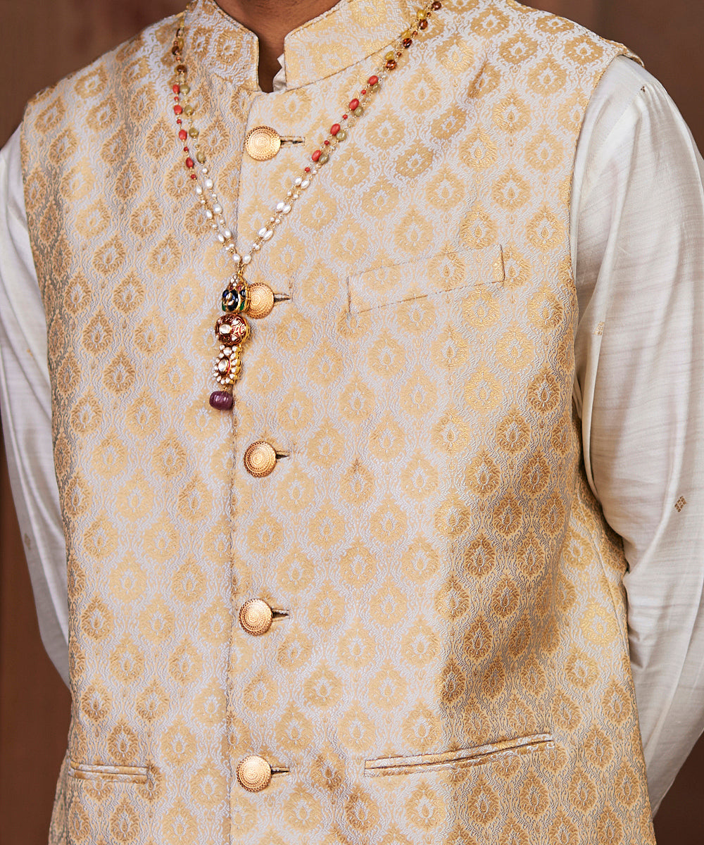 Handloom Golden Pure Katan Silk Brocade Banarasi Nehru Jacket Men’s Wear