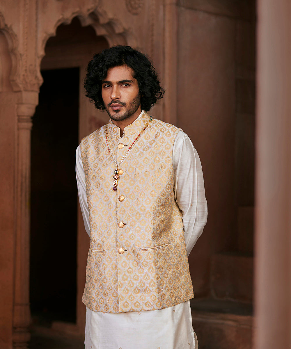 Handloom Golden Pure Katan Silk Brocade Banarasi Nehru Jacket Men’s Wear