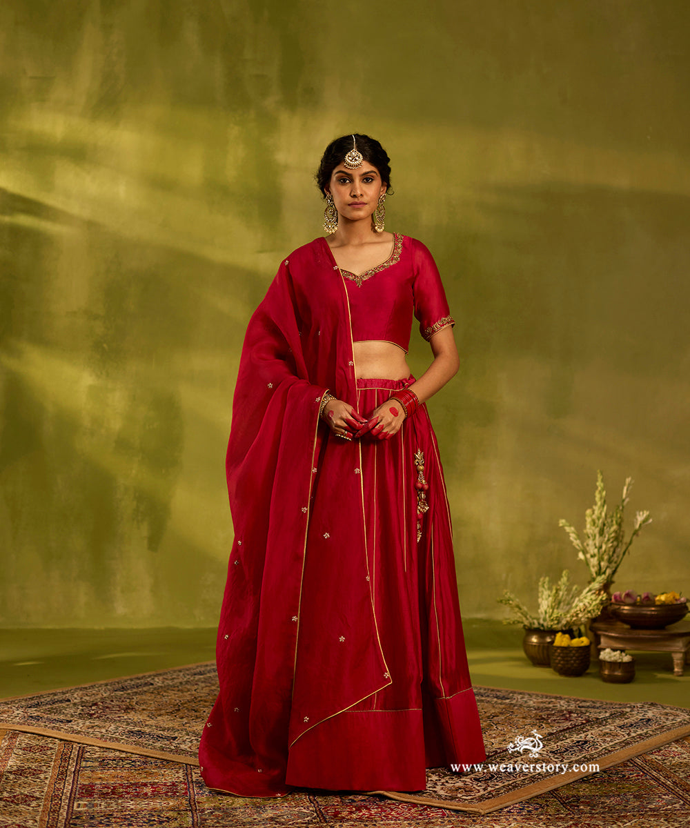 Brick_Red_Handloom_Chanderi_Lehenga_With_Hand_Embroidered_Blouse_And_Organza_Dupatta_WeaverStory01