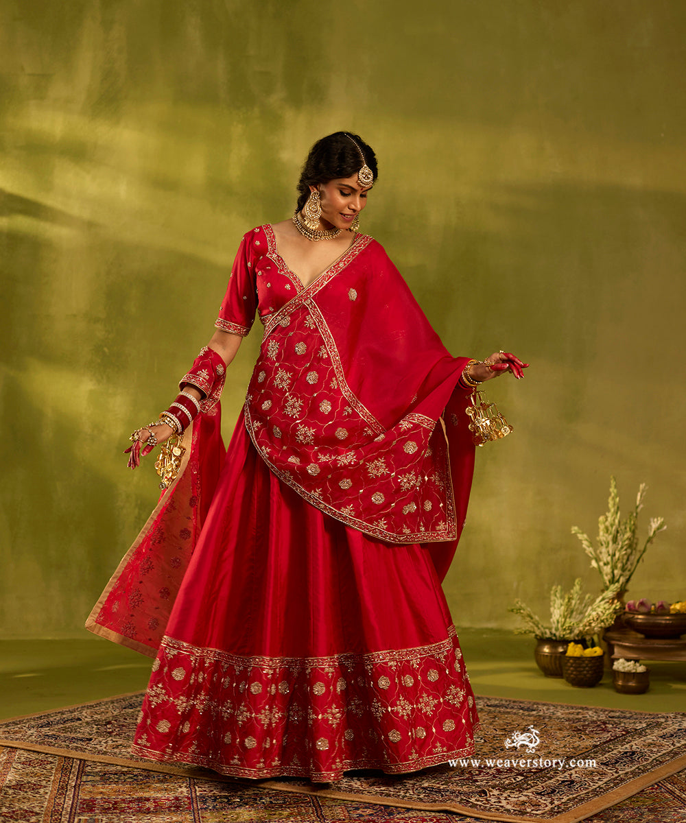 Red_Pure_Silk_Lehenga_And_Blouse_With_Zardozi_Work_And_Organza_Dupatta_WeaverStory01