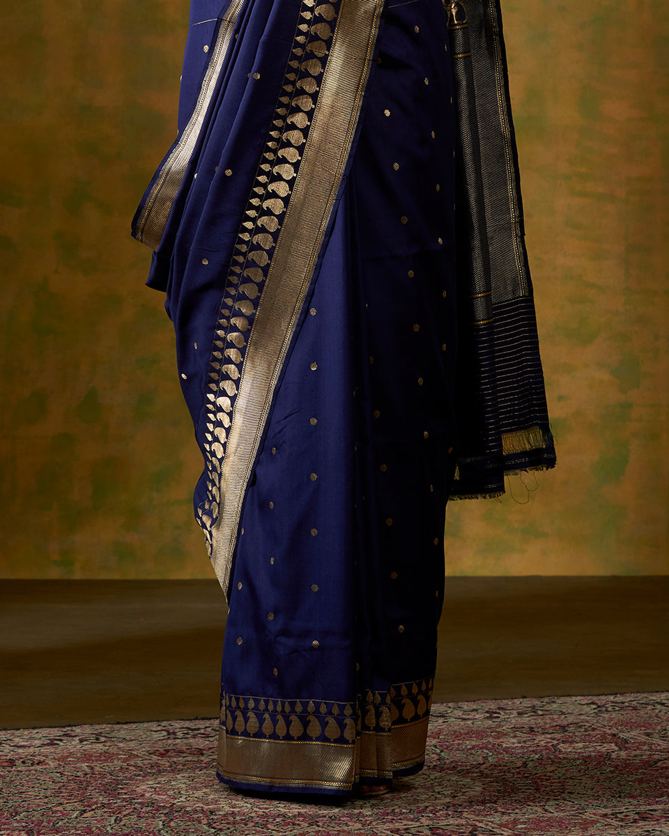 Ink Blue Banarasi Handloom Saree With Kadhwa Booti And Meenakari Konia