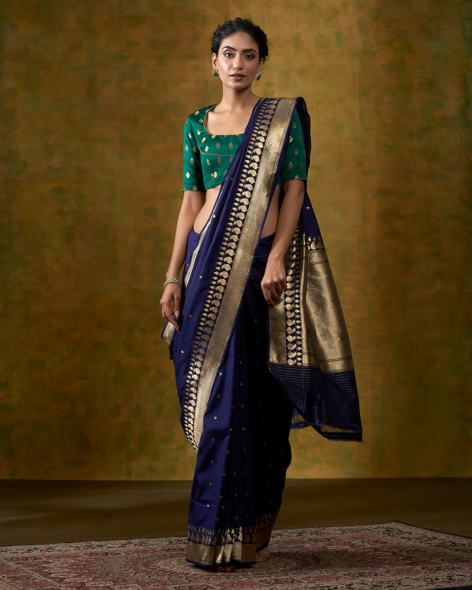 Ink Blue Banarasi Handloom Saree With Kadhwa Booti And Meenakari Konia