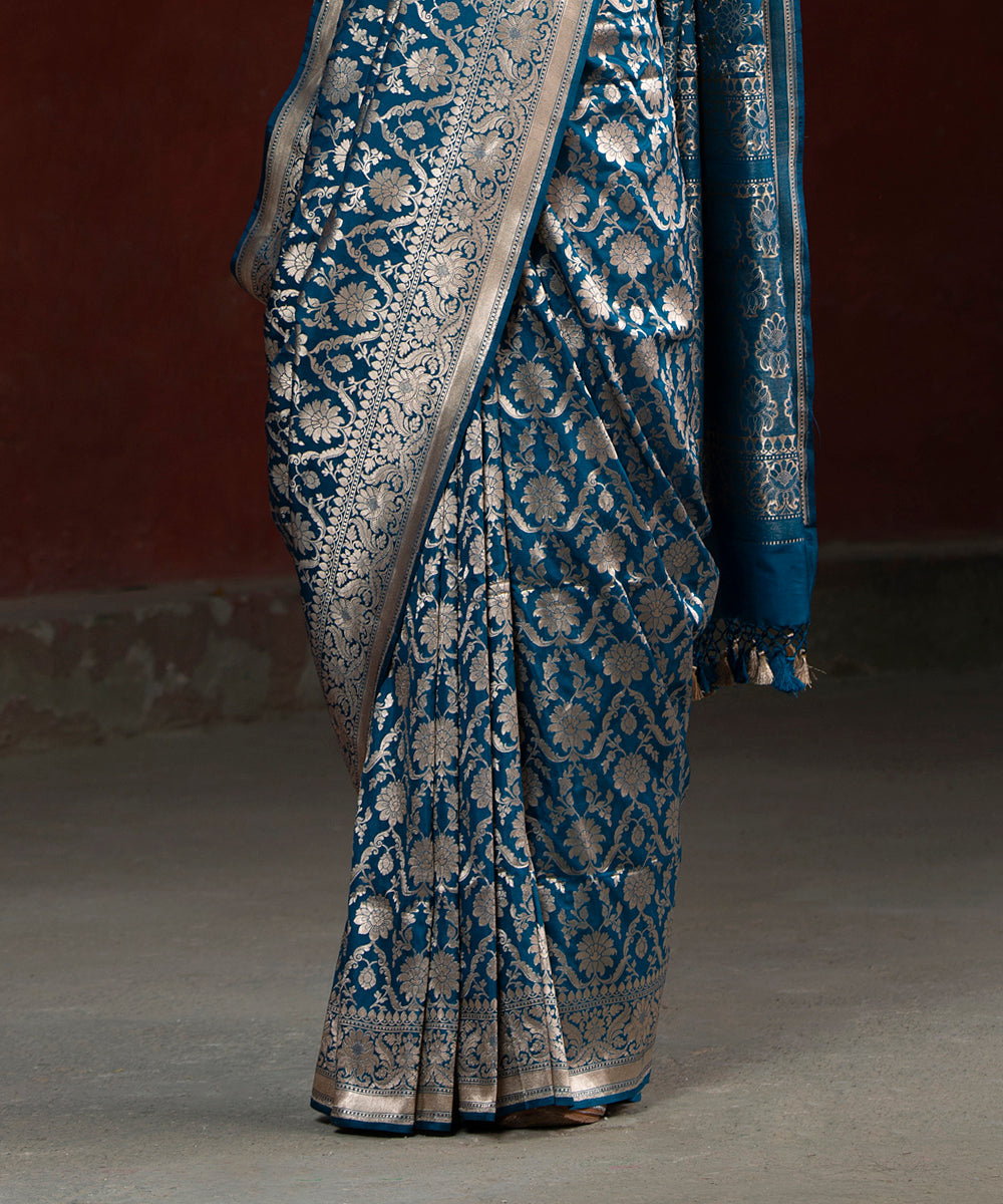 Blue Handloom Katan Silk Cutwork Banarasi Saree With Aada Jangla
