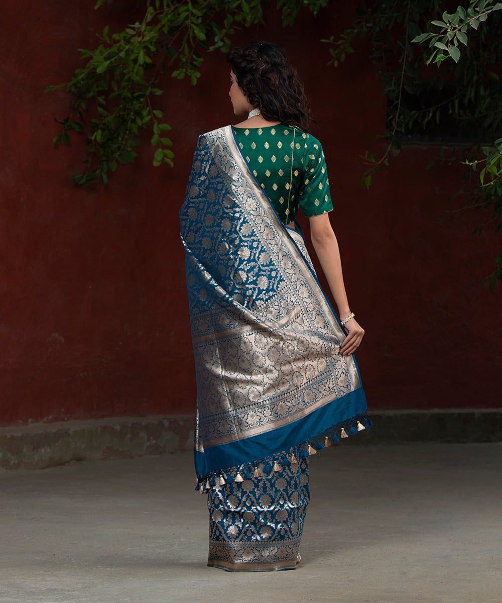 Blue Handloom Katan Silk Cutwork Banarasi Saree With Aada Jangla