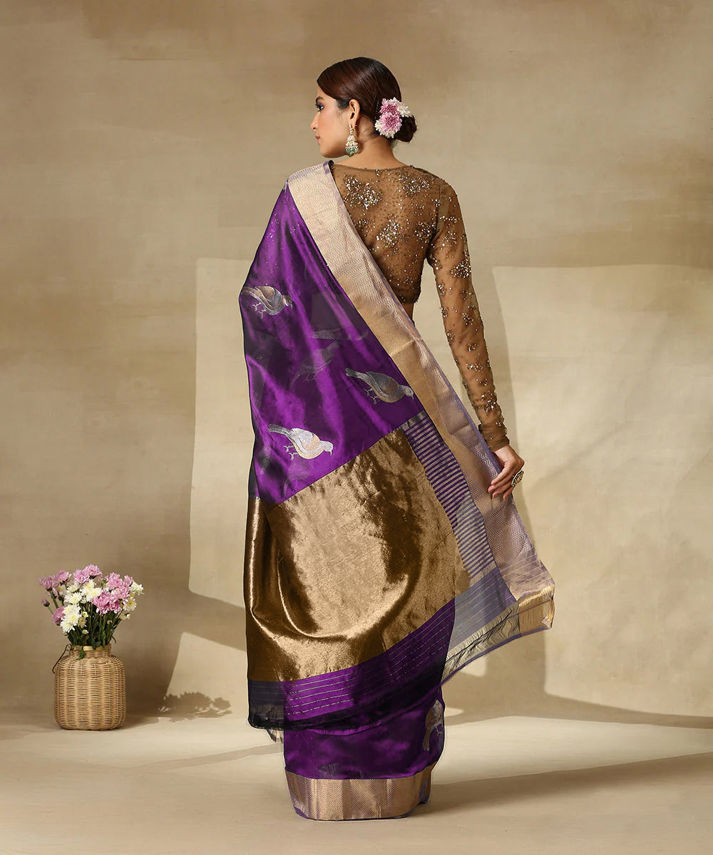 Purple Handloom Pure Chanderi Silk Saree With Eknaliya Bird Motifs