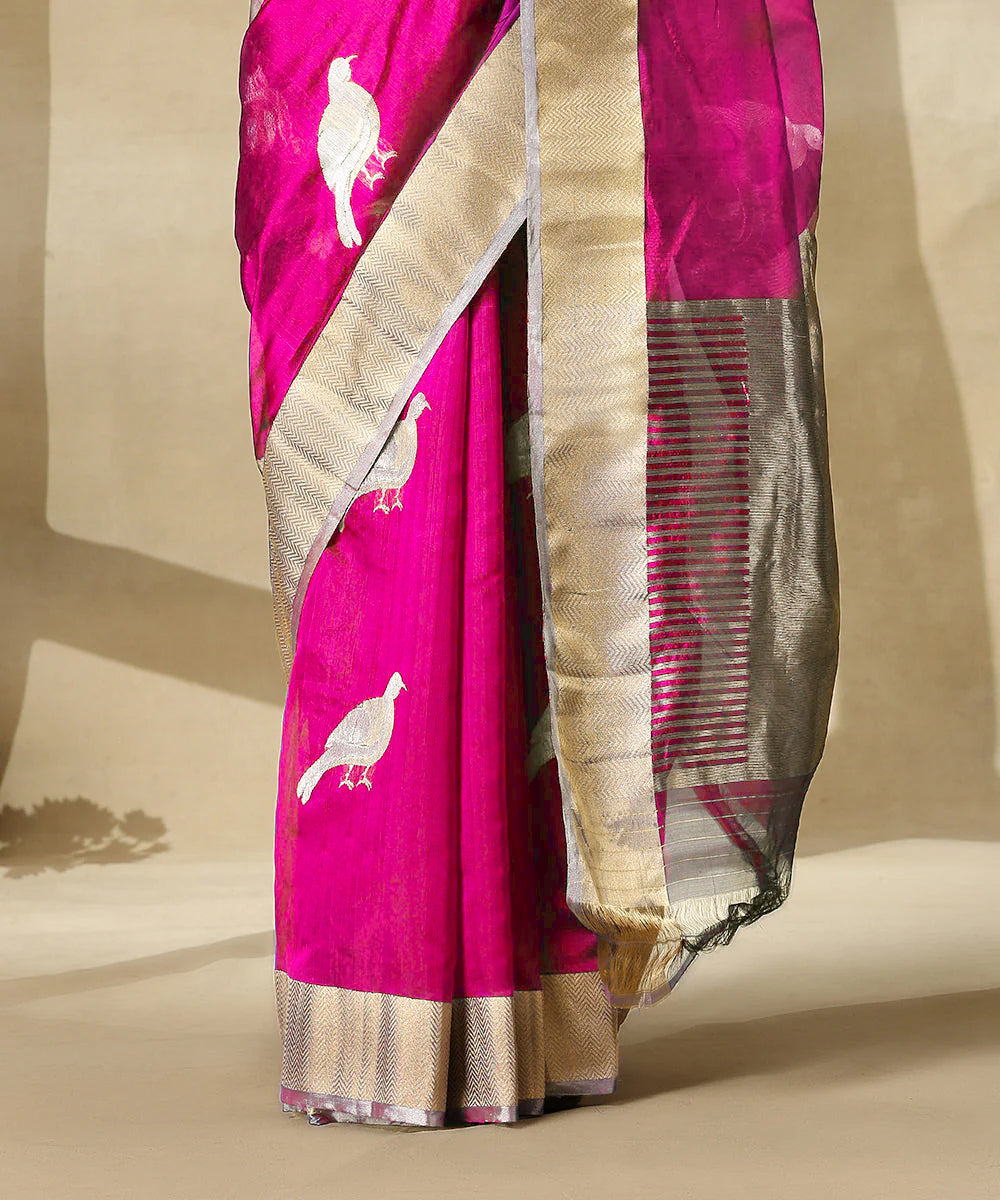 Neon Pink Handloom Pure Chanderi Silk Saree With Eknaliya Bird Motifs