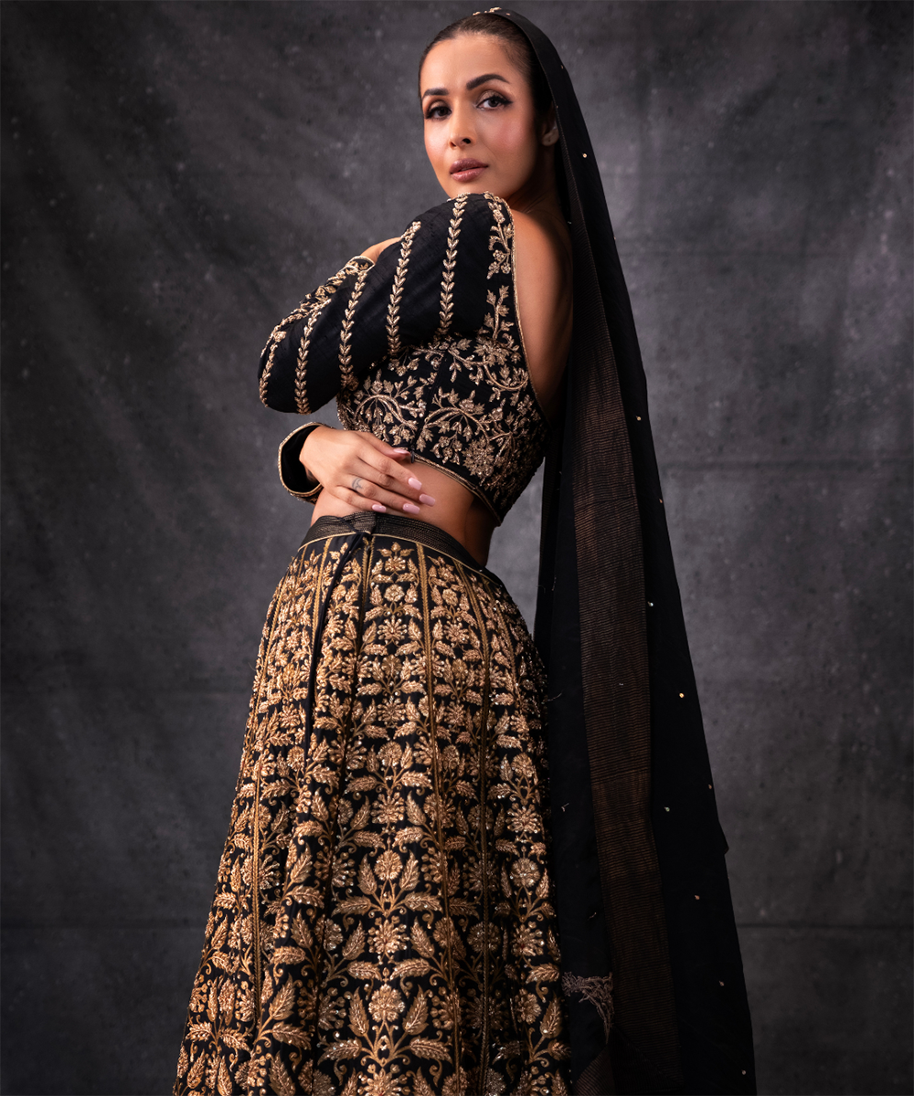 Malaika_Arora_In_Black_Dual_Shade_Hand_Embroidered_Zardozi_Banarasi_Lehenga_With_Blouse_And_Organza_Dupatta_WeaverStory02