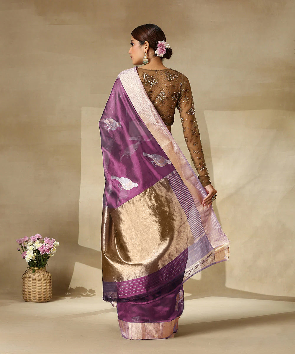 Mauve Handloom Pure Chanderi Silk Saree With Eknaliya Bird Motifs