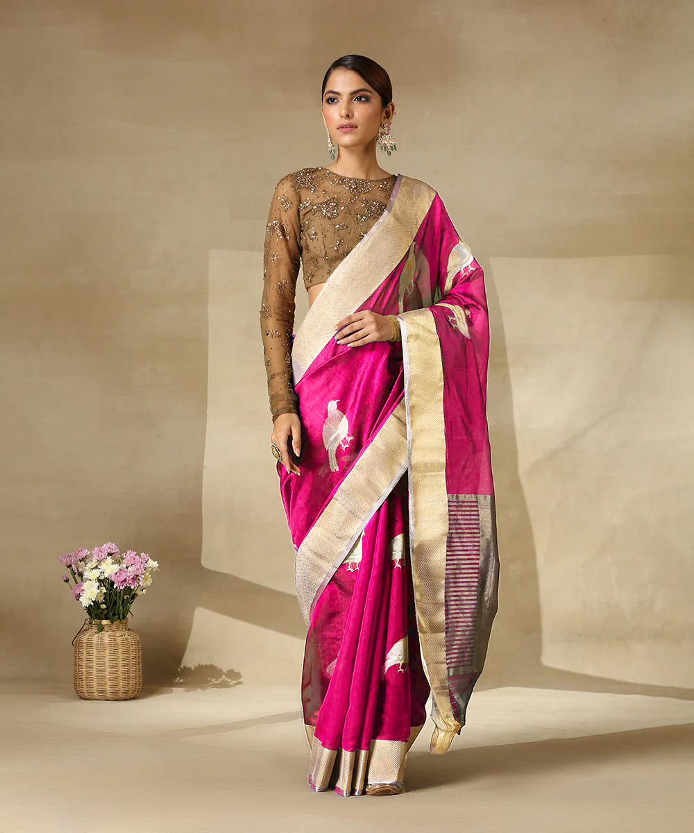 Neon Pink Handloom Pure Chanderi Silk Saree With Eknaliya Bird Motifs