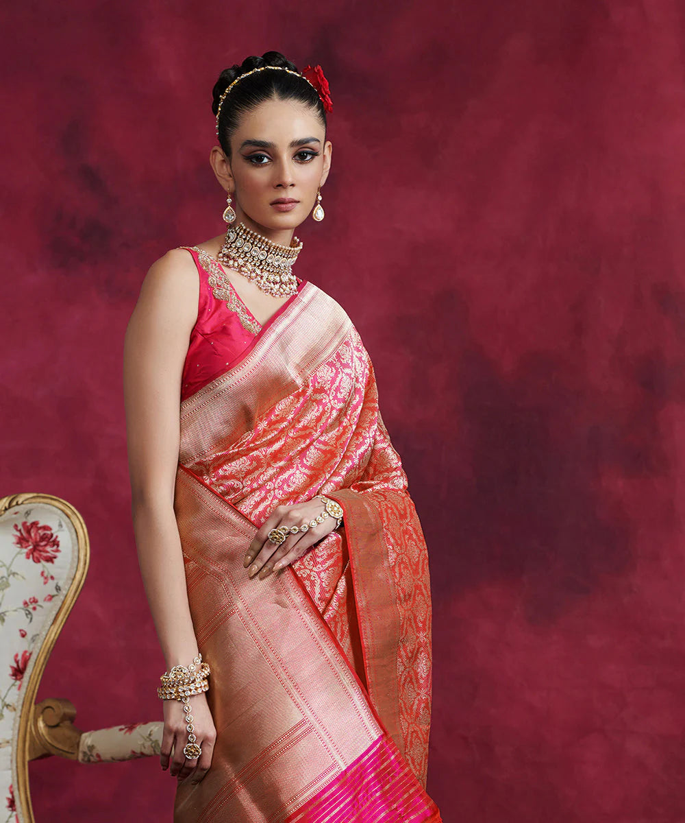 Pink Handloom Pure Katan Silk Kimkhab Banarasi Saree With Mehraab Jaal