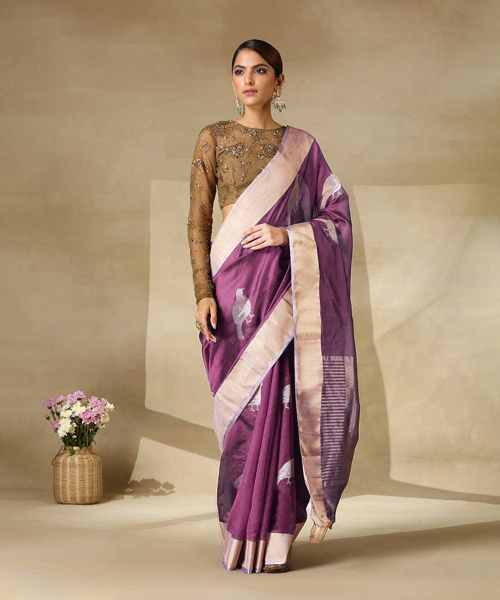 Mauve Handloom Pure Chanderi Silk Saree With Eknaliya Bird Motifs