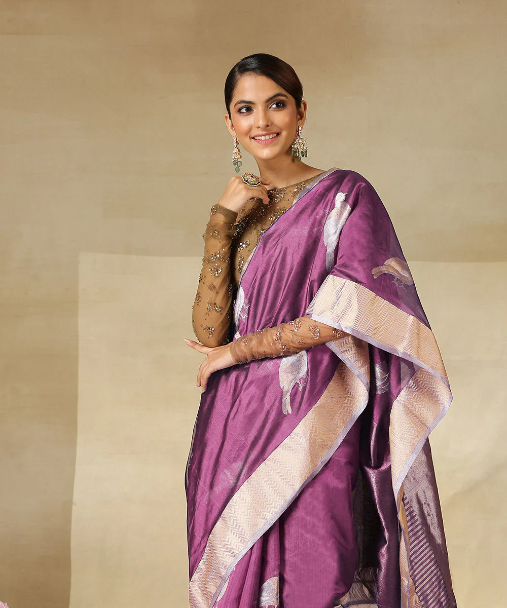 Mauve Handloom Pure Chanderi Silk Saree With Eknaliya Bird Motifs