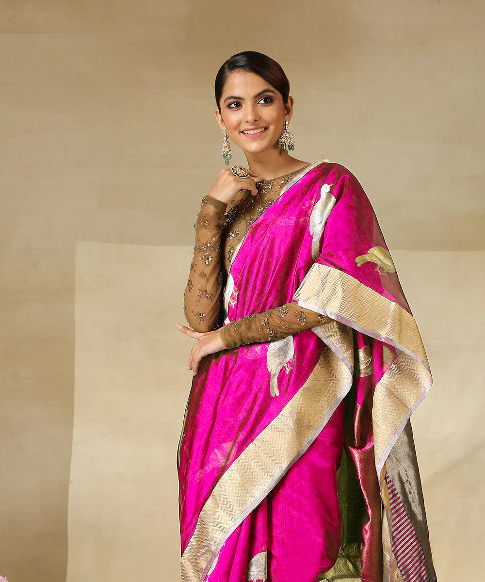 Neon Pink Handloom Pure Chanderi Silk Saree With Eknaliya Bird Motifs