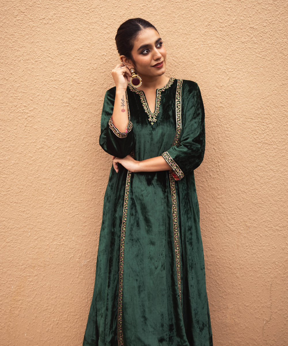 Priya Prakash Varrier In Hand Embroidered Dark Green Velvet Kurta Set Ready To Wear Silk Ensembles