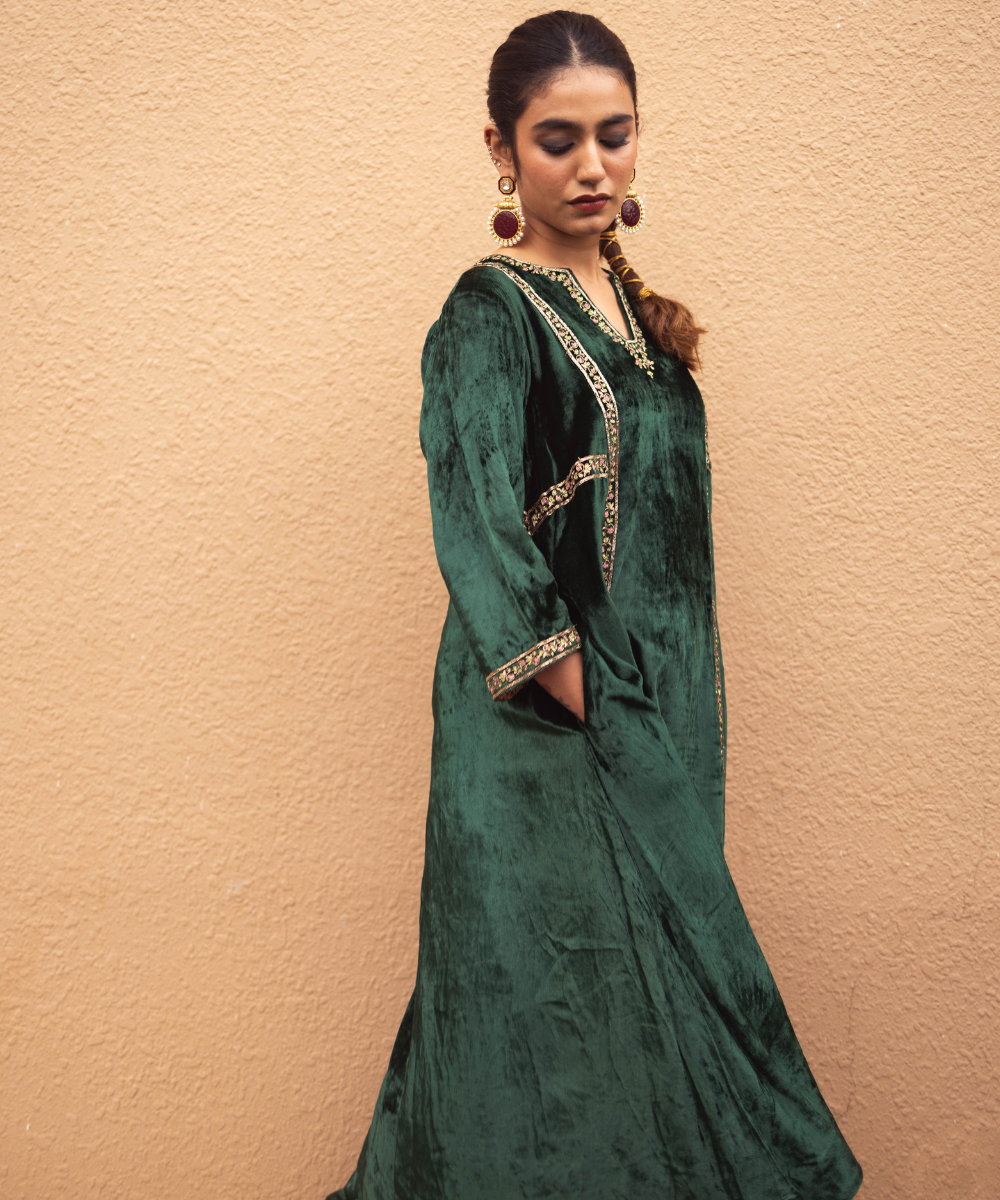 Priya Prakash Varrier In Hand Embroidered Dark Green Velvet Kurta Set Ready To Wear Silk Ensembles