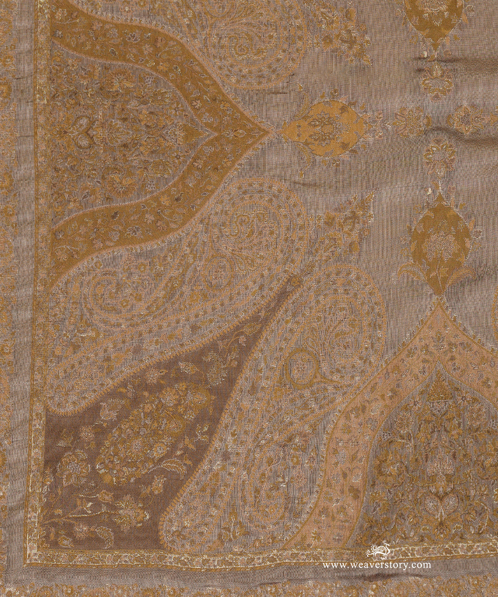 Olive and Beige Handwoven Pure Cashmere Wool Doshala With Mughal Border And Green Tissue Finishing