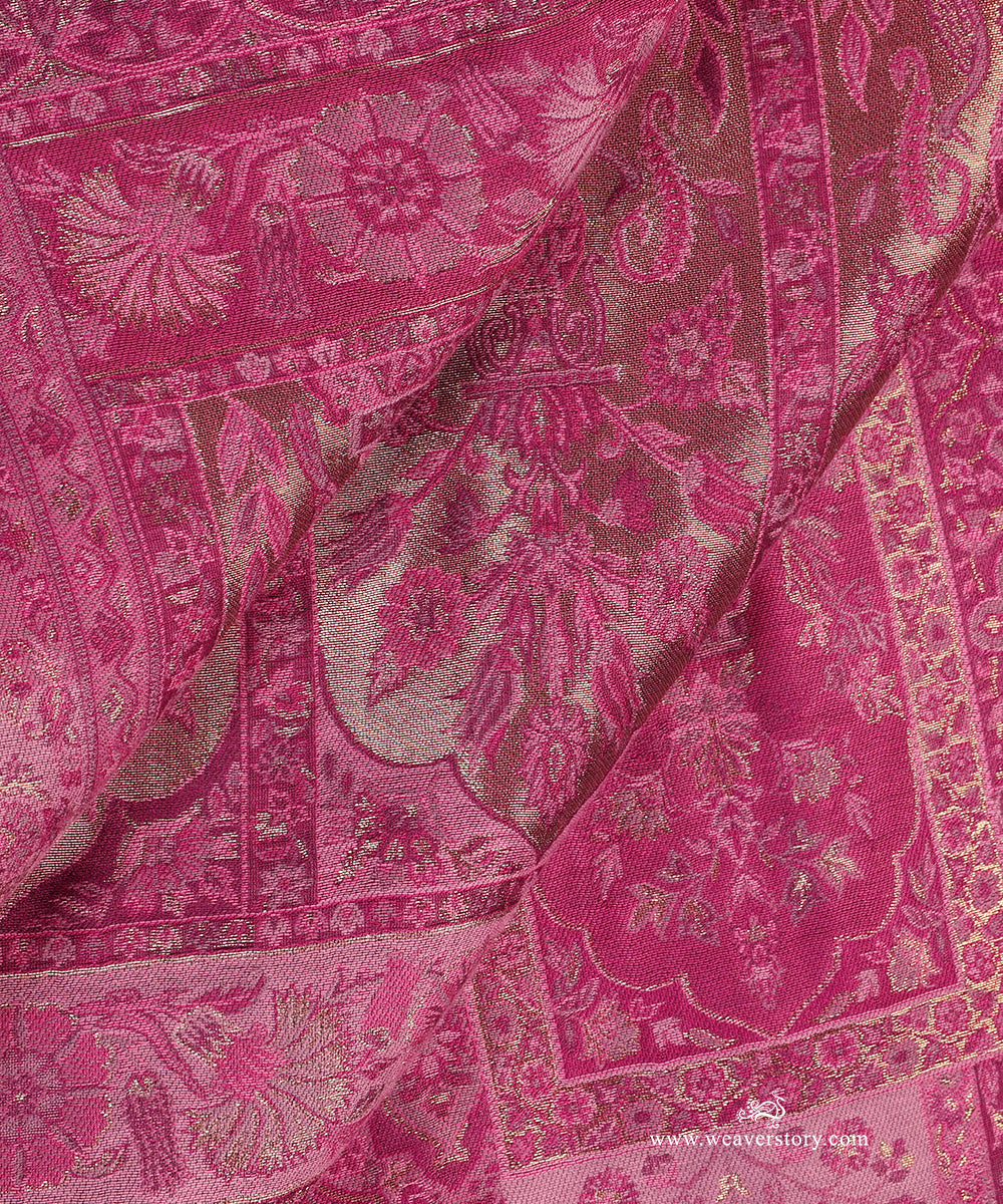 Pink Handwoven Jamawar Pure Cashmere Wool Doshala with Olive Green Tissue Finishing