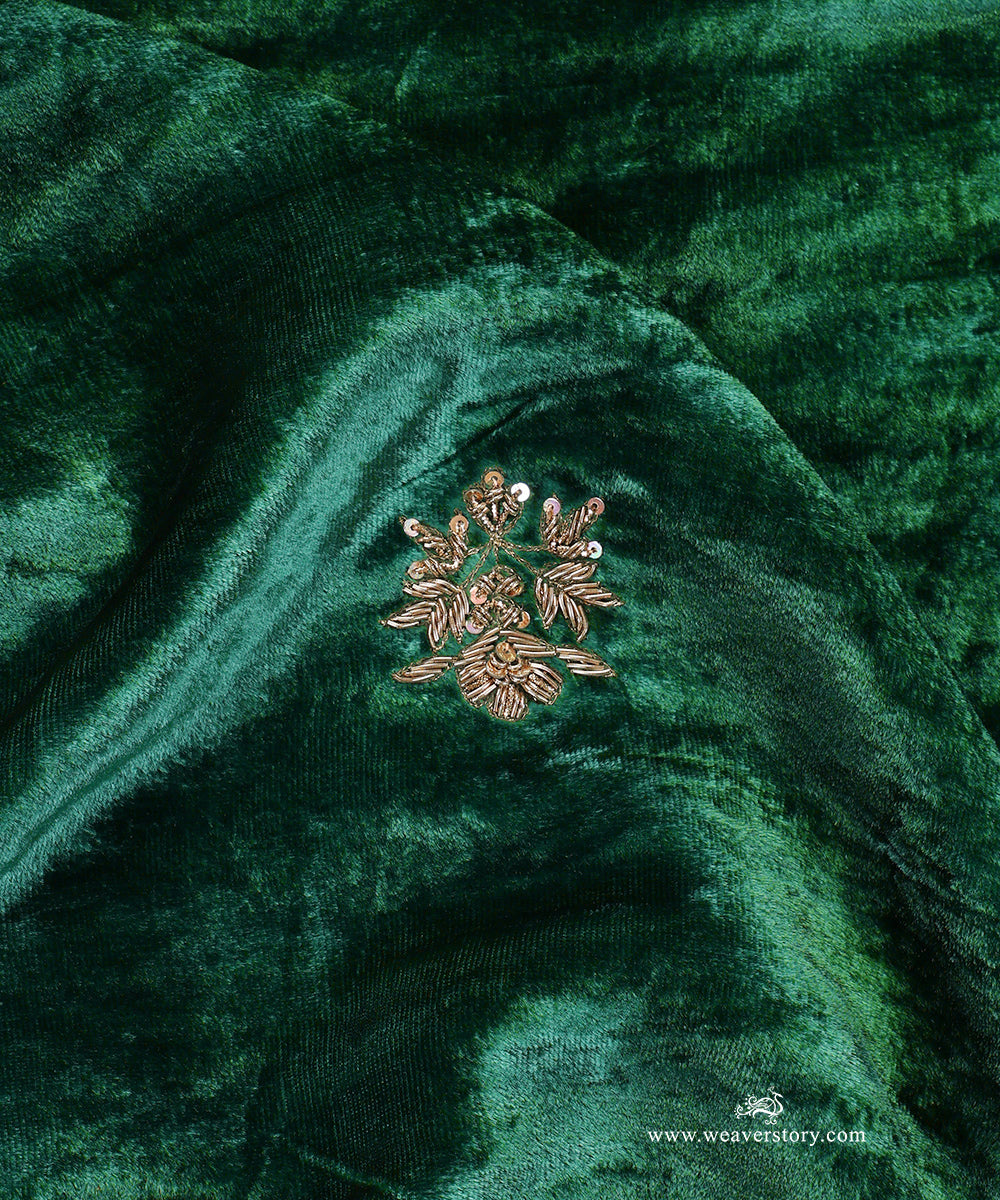Dark Green Hand Embroidered Silk Velvet Doshala With Zardosi Booti