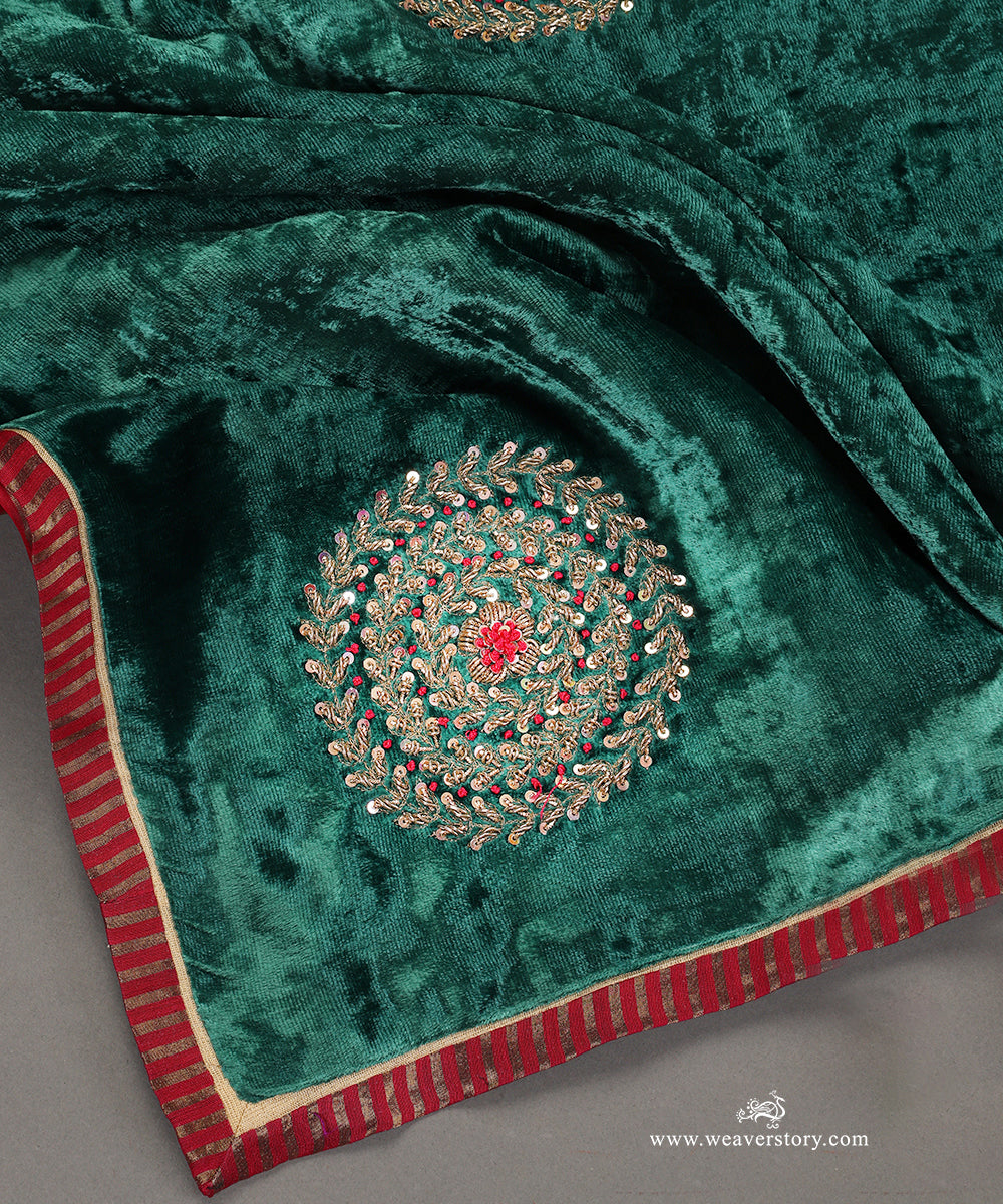 Teal Green Hand-Embroidered Zardozi Silk Velvet Doshala with Rangoli Boota