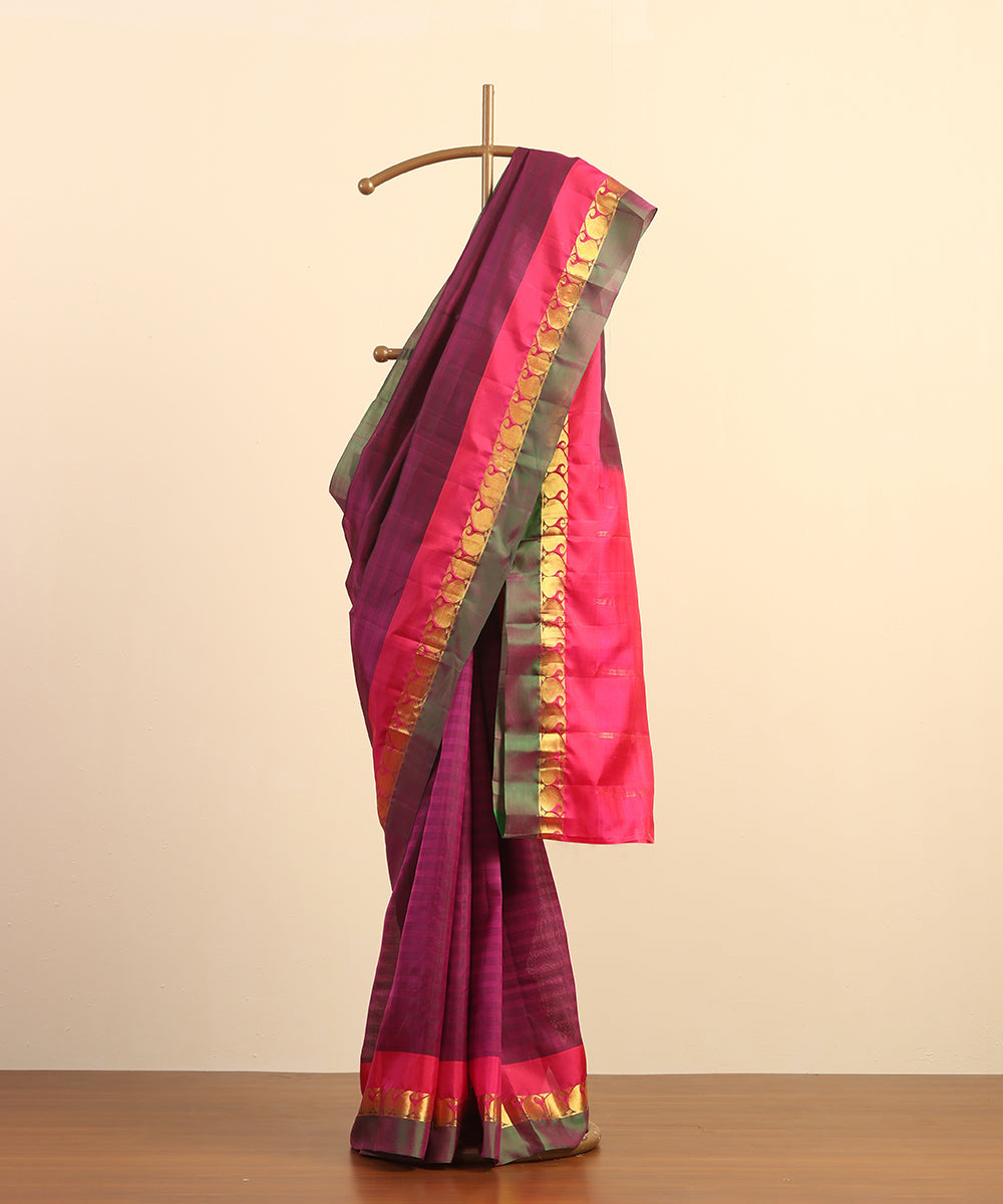 Wine Handloom Pure Silk Kanjivaram Saree With Magenta And Gold Ambi Zari Border
