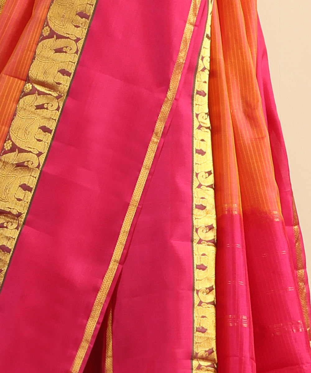 Orange and Pink Handloom Pure Silk Kanjivaram Saree With Pink And Gold Zari Elephant Motifs Border