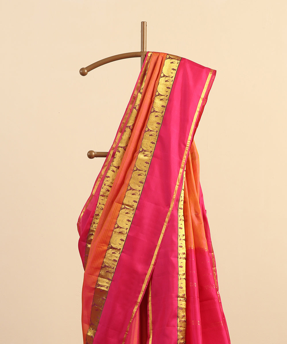 Orange and Pink Handloom Pure Silk Kanjivaram Saree With Pink And Gold Zari Elephant Motifs Border