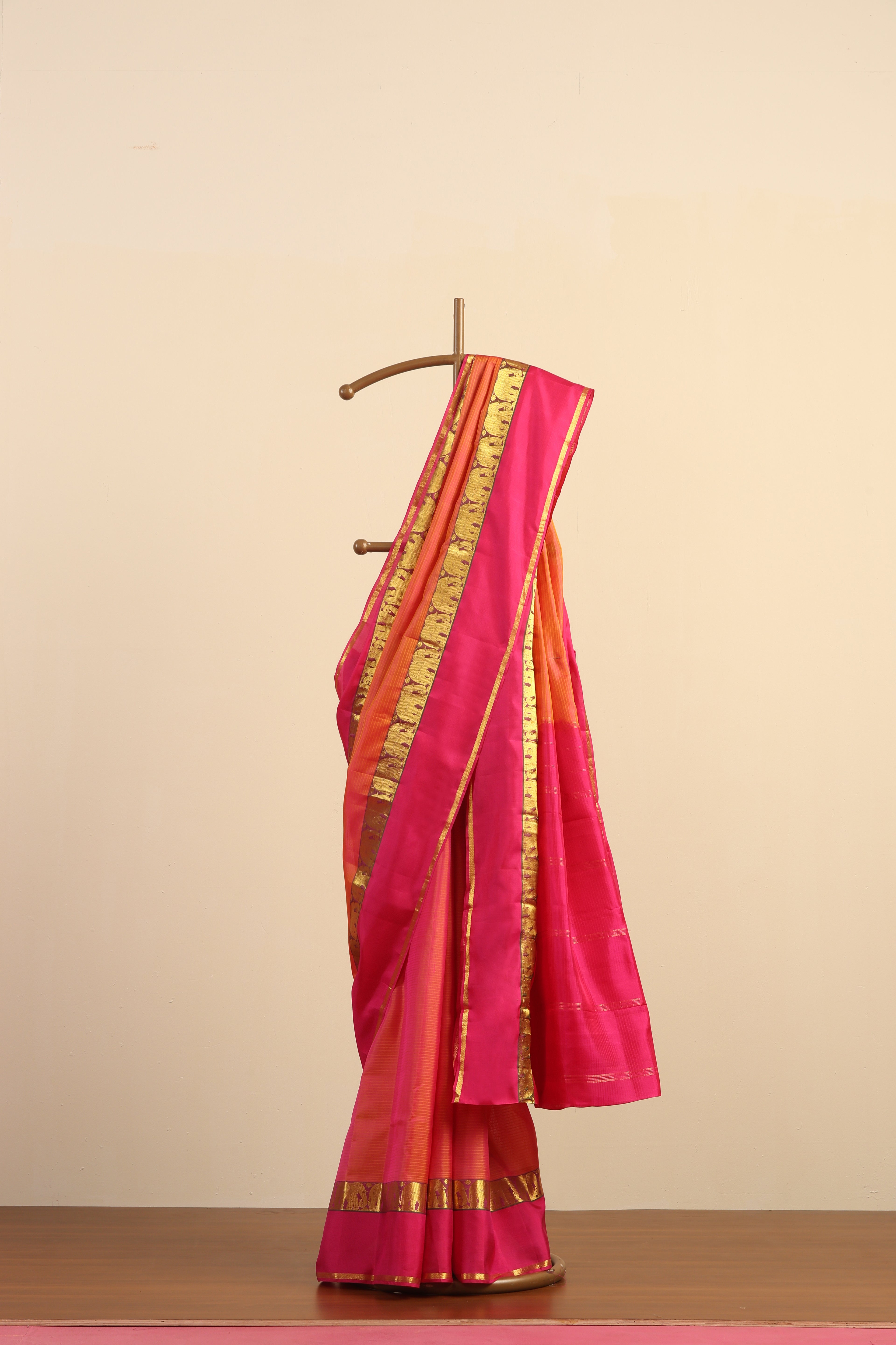 Orange and Pink Handloom Pure Silk Kanjivaram Saree With Pink And Gold Zari Elephant Motifs Border