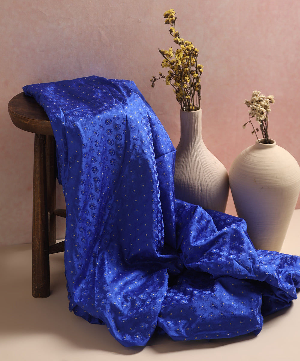 Cobalt Blue Handloom Pure Katan Silk Resham Booti Fabric