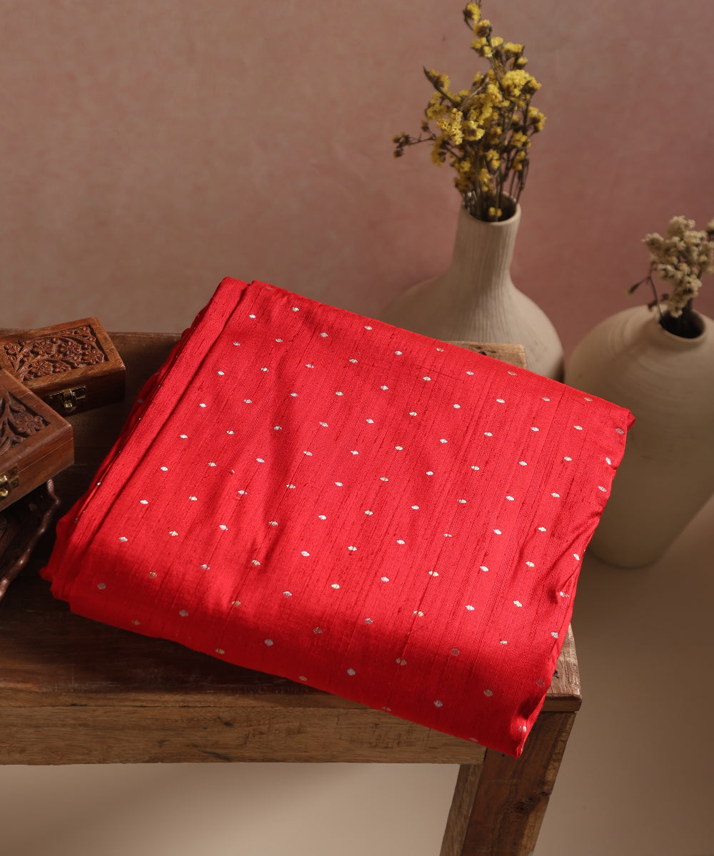 Red Pure Banarasi Tusser Fabric With Zari Booti