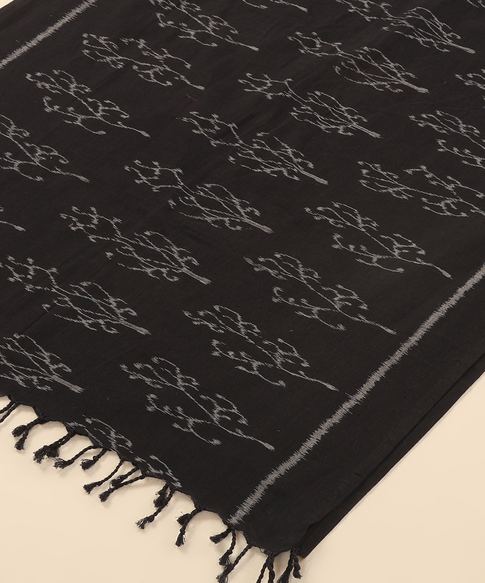 Black Handloom Cotton Creeper Motif Ikat Stole