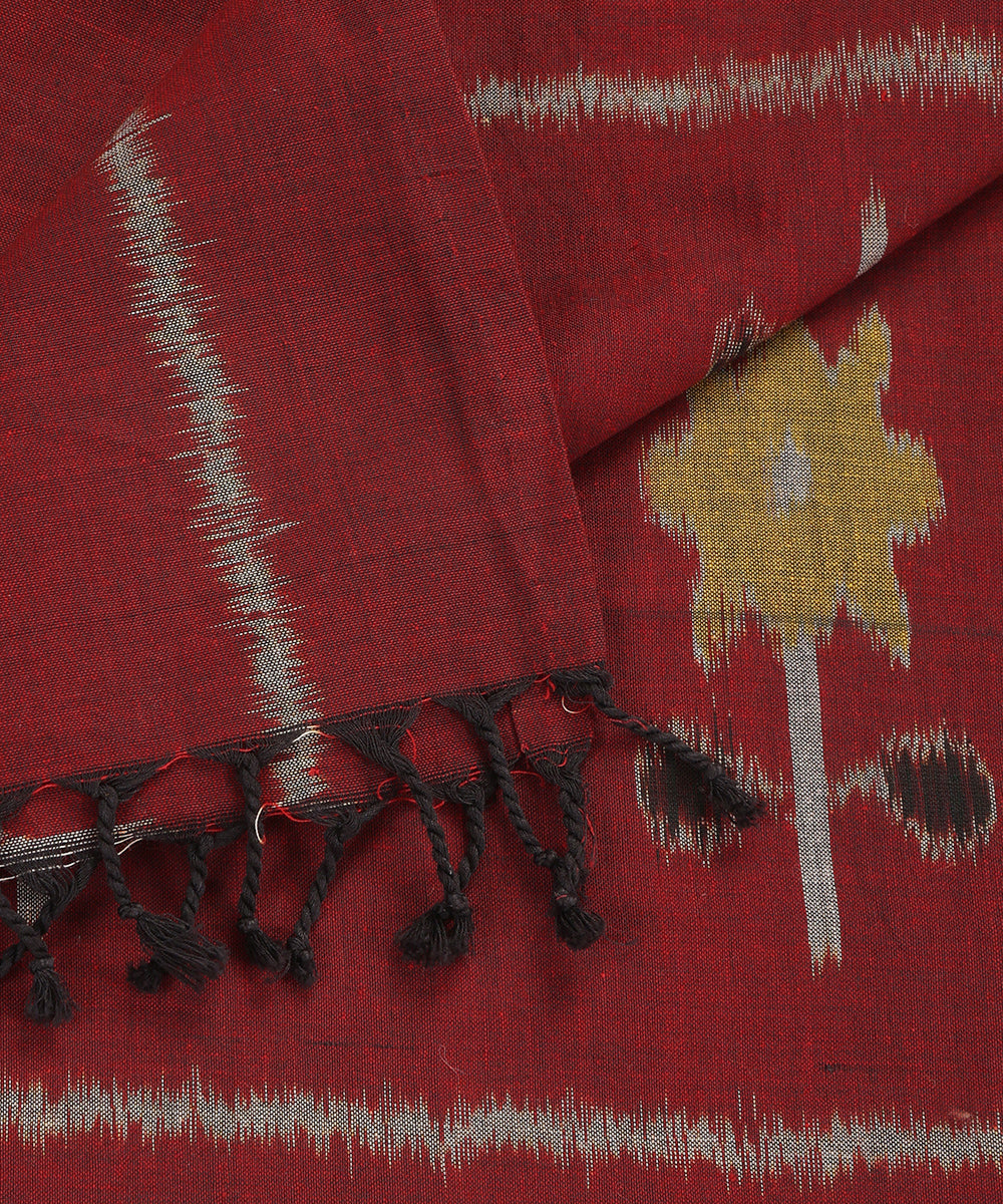 Maroon Handloom Cotton Floral Motif Ikat Stole