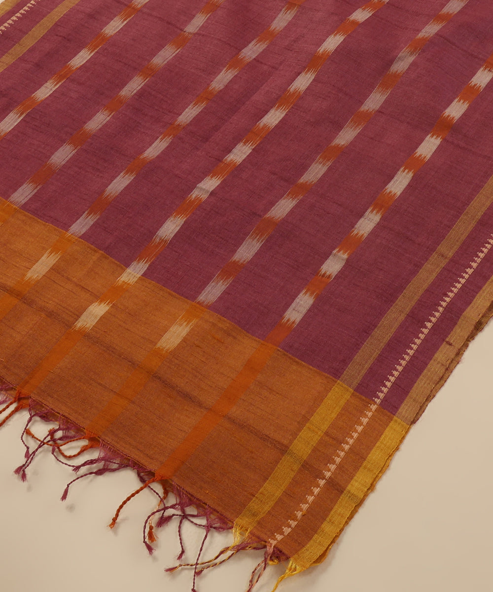 Purple Handloom Cotton Ikat Stole With Orange Ikat Stripes