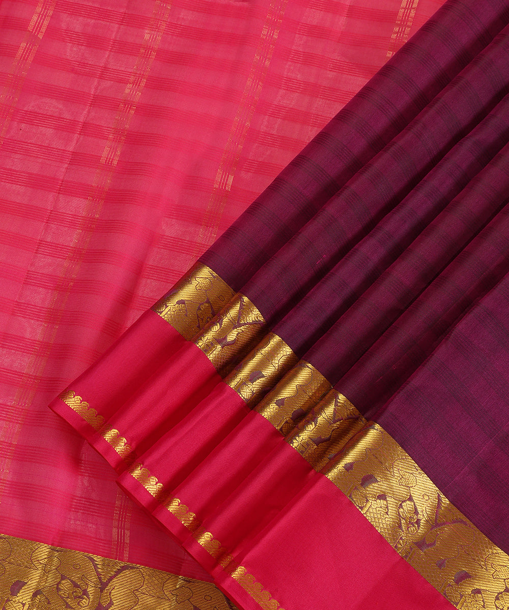 Wine Handloom Pure Silk Kanjivaram Saree With Magenta And Gold Zari Border