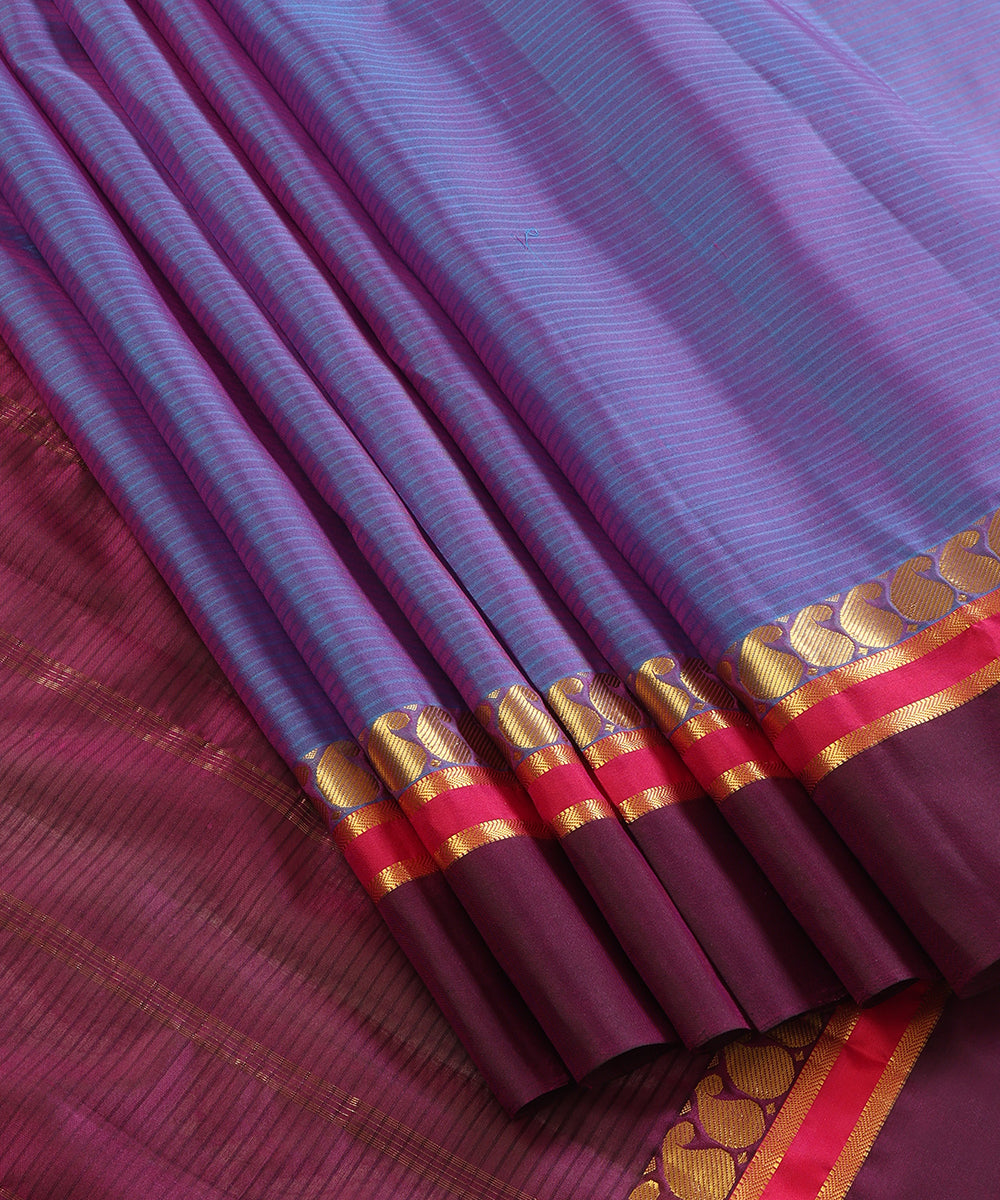 Blue And Purple Dual Tone Handloom Pure Silk Kanjivaram Saree With Wine And Gold Zari Border And Ambi Motifs