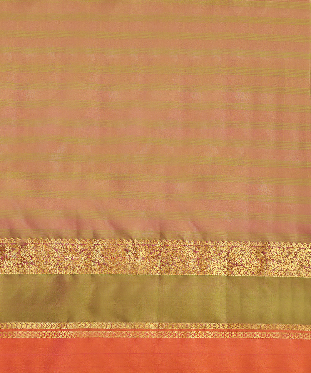 Magenta Handloom Pure Silk Kanjivaram Saree With Pista And Gold Ambi Motif Zari Border