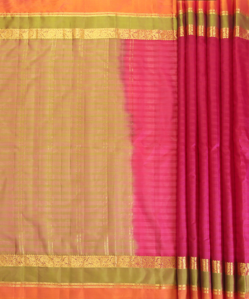 Magenta Handloom Pure Silk Kanjivaram Saree With Pista And Gold Ambi Motif Zari Border
