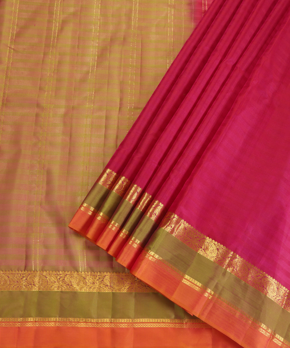 Magenta Handloom Pure Silk Kanjivaram Saree With Pista And Gold Ambi Motif Zari Border