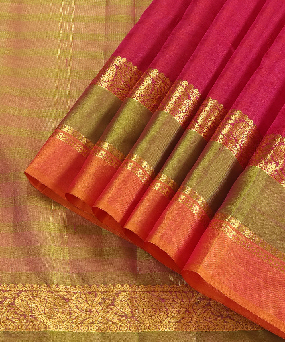 Magenta Handloom Pure Silk Kanjivaram Saree With Pista And Gold Ambi Motif Zari Border