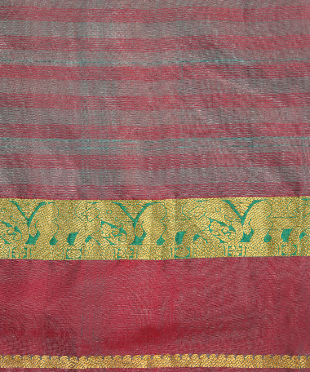 Pecock Blue Handloom Pure Silk Kanjivaram Saree With Wine And Gold Zari Border And Elephant Motifs